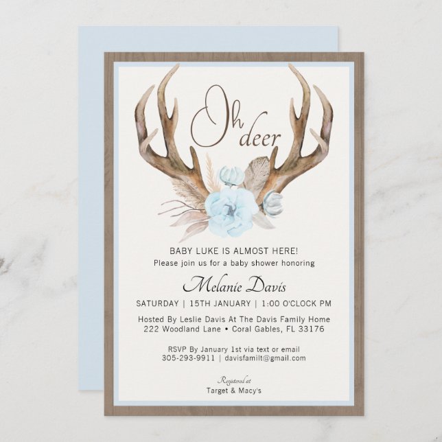 Blue Watercolor Antler Baby Shower Einladung - Ru (Vorne/Hinten)