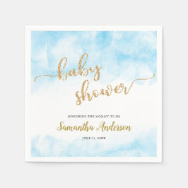 Blue Watercolor Baby Dusche Gold Glitzer Script Serviette