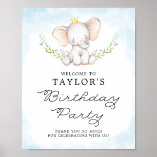 Blue Watercolor Baby Elephant Geburtstag Willkomme Poster