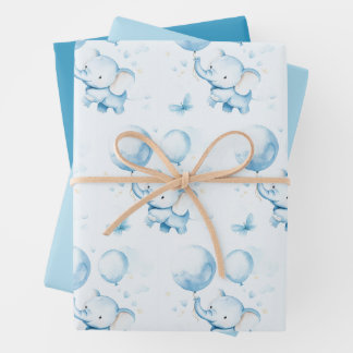 Blue Watercolor Baby Elephant Wrapping Paper Geschenkpapier Set