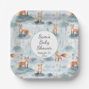 Blue Watercolor Baby Fox Baby Dusche Pappteller