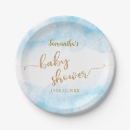 Blue Watercolor Baby Shower Boy Gold Glitzer Pappteller