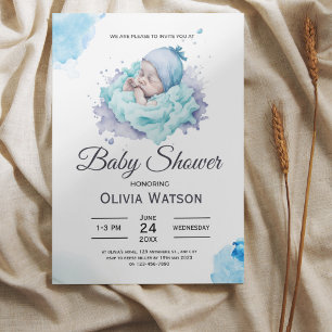 Blue Watercolor Baby Soft Boy Dusche Einladung