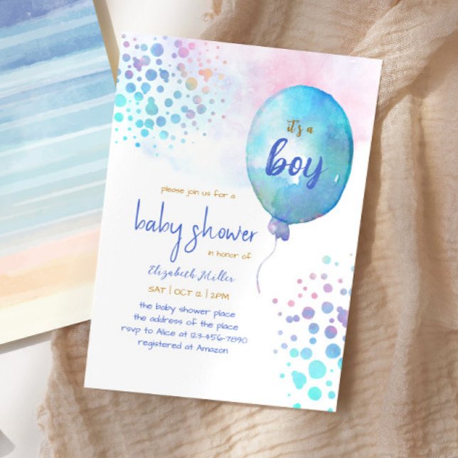 Blue Watercolor Balloon Baby Boy Dusche Einladung (Von Creator hochgeladen)