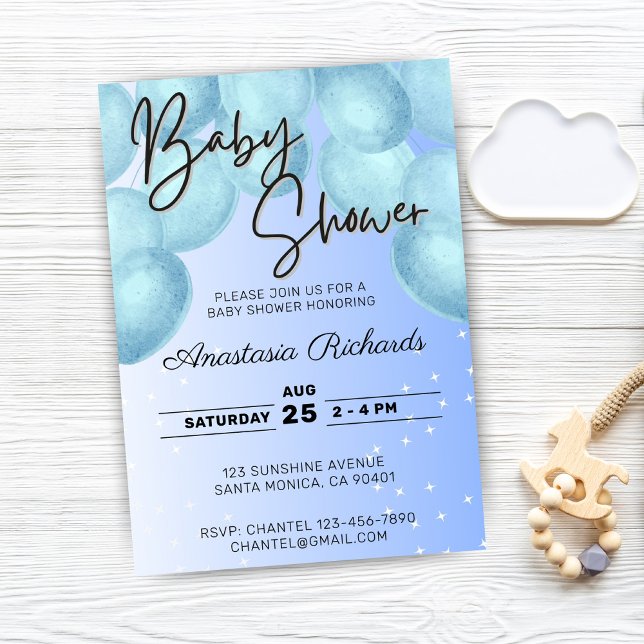 Blue Watercolor Balloons Baby Dusche Einladung (blue watercolor balloons baby shower invitation)