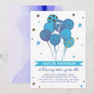 Blue Watercolor Balloons Girl 7th Birthday Party  Einladung