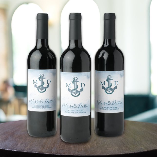 Blue Watercolor Beach Anchor Nautical Wedding Weinetikett (Blue Watercolor Beach Anchor Nautical Wedding Wine Label)