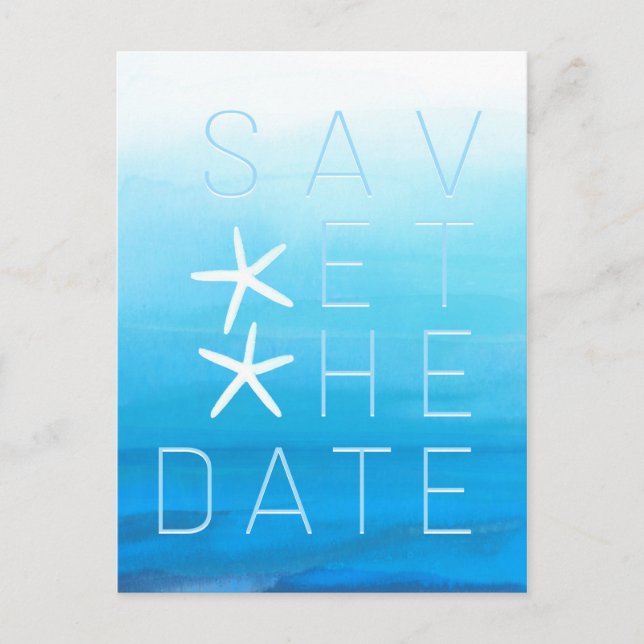 Blue Watercolor Beach Hochzeit Save the Date Ankündigungspostkarte (Vorderseite)