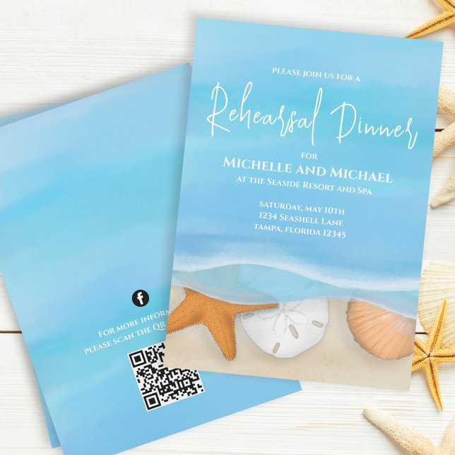 Blue Watercolor Beach Probe Dinner QR Code Einladung (Von Creator hochgeladen)
