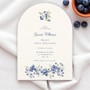 Blue Watercolor Berry First Birthday Party Einladung