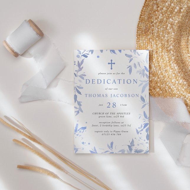 Blue Watercolor Blätter Baby Dedication & Baptisse Einladung (Von Creator hochgeladen)