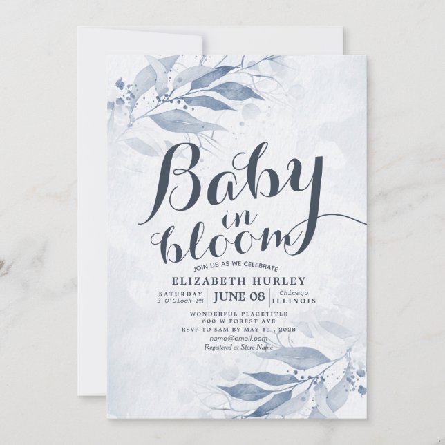 Blue Watercolor Blätter Baby Shower Baby in Bloom Einladung (Vorderseite)