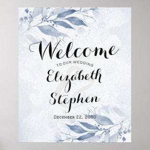 Blue Watercolor Blätter Blume Chic Wedding Willkom Poster