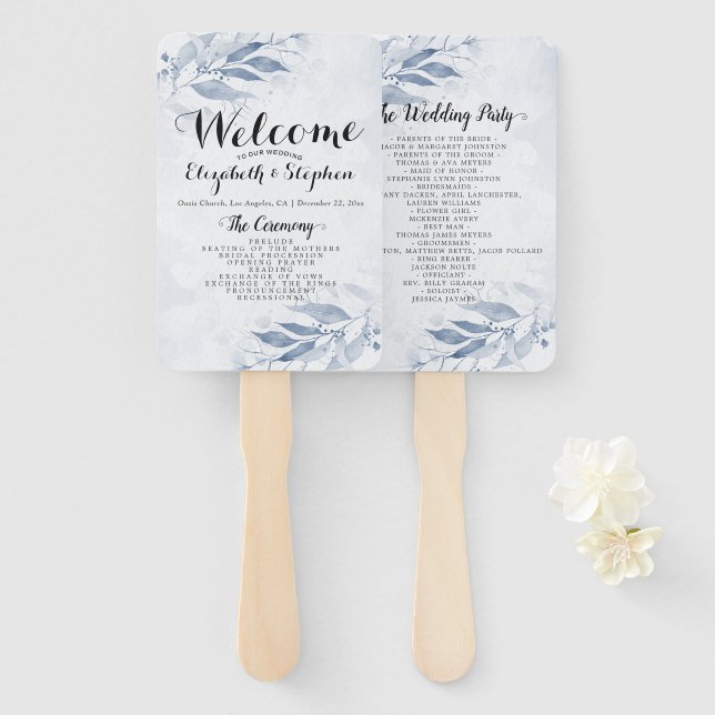 Blue Watercolor Blätter Botanische Hochzeitsprogra Fächer (Vorne und Hinten)
