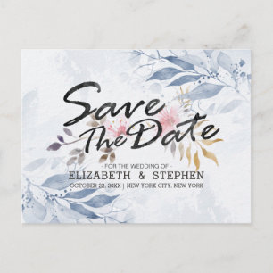 Blue Watercolor Blätter Chic Wedding Save the Date Postkarte