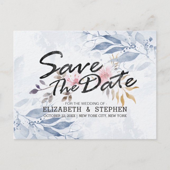 Blue Watercolor Blätter Chic Wedding Save the Date Postkarte (Vorderseite)
