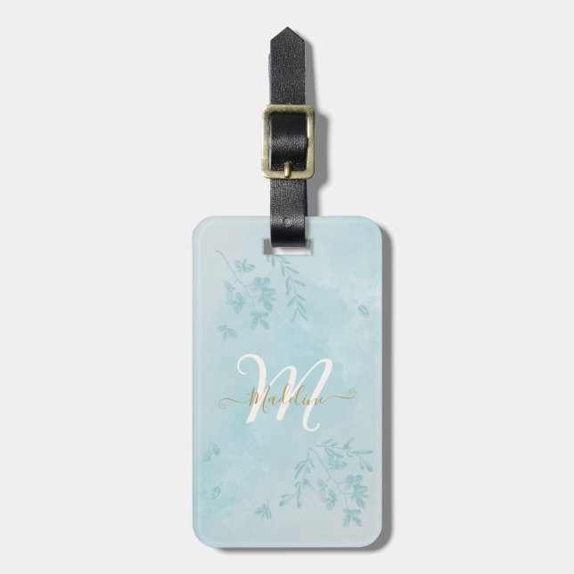 Blue Watercolor Blätter Name Monogram Gepäckanhänger (Vorderseite vertikal)