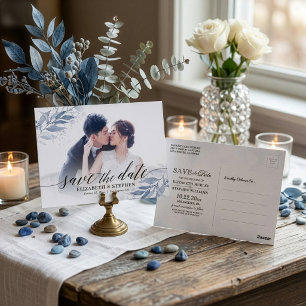 Blue Watercolor Blätter Wedding Rett Date Foto Postkarte