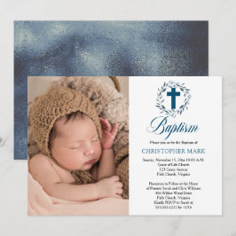 Blue Watercolor Blätter Wreath Boy Foto Taufe Einladung