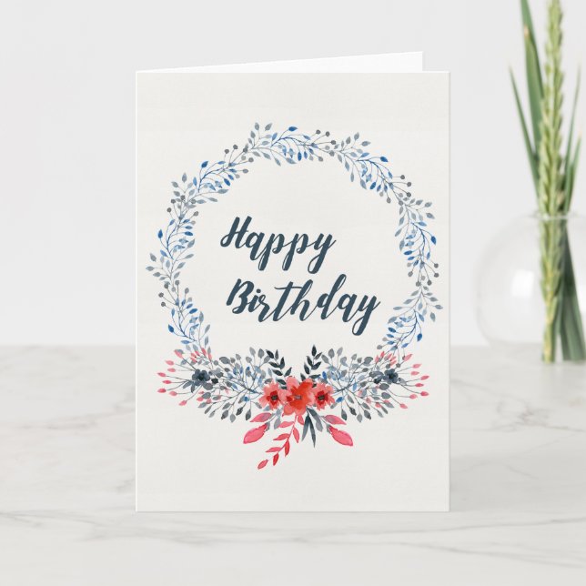 Blue Watercolor Blätter Wreath Happy Birthday Card Karte (Vorderseite)