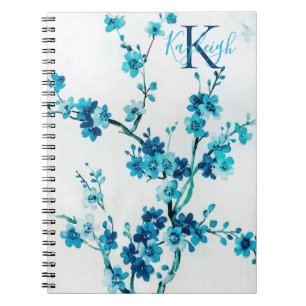 Blue Watercolor Blooms Monogrammed Notizblock