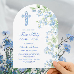 Blue Watercolor Blume Arch Erste Kommune Einladung