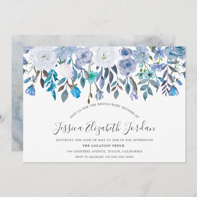 Blue Watercolor Blume Baby oder Brautparty Einladung (Vorne/Hinten)