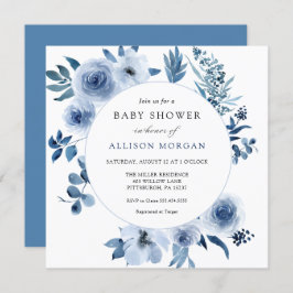 Blue Watercolor Blume Babydusche Einladung