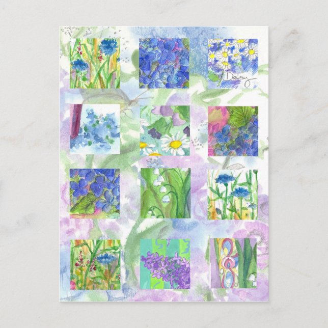 Blue Watercolor Blume Collage Art Lilac Daisy Postkarte (Vorderseite)