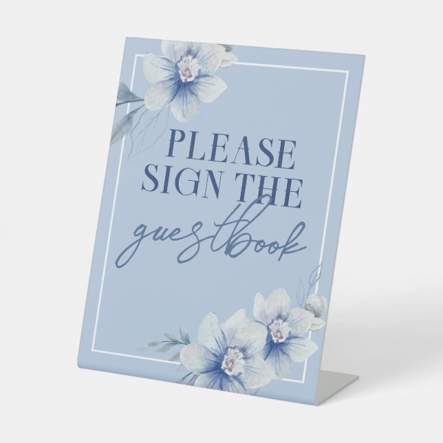 Blue Watercolor Blume Guestbook Sockelschild (Vorderseite)