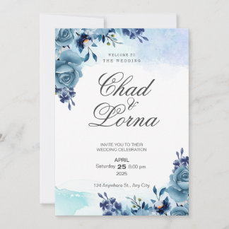 Blue Watercolor Blume Hochzeitskarte Einladung