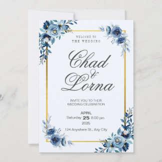 Blue Watercolor Blume Hochzeitskarte Einladung