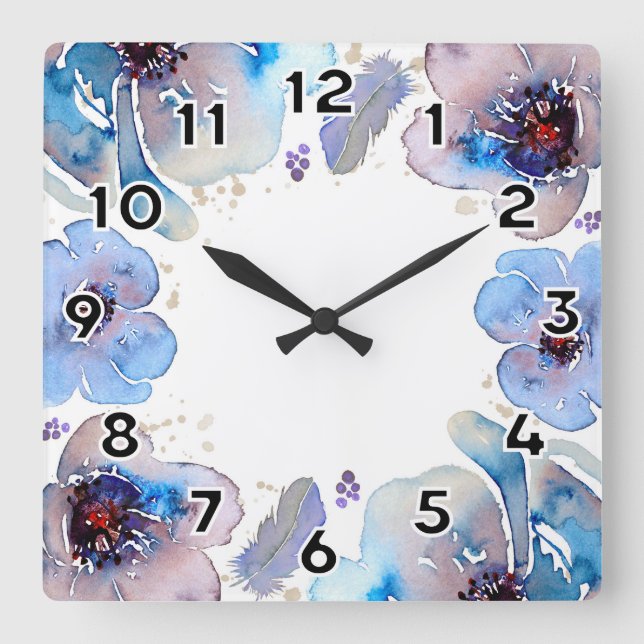 Blue Watercolor-Blume Quadratische Wanduhr (Vorderseite)
