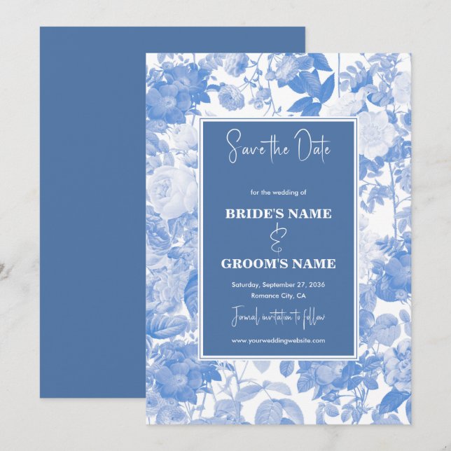 Blue Watercolor Botanical Florals Wedding Save The Date (Vorne/Hinten)