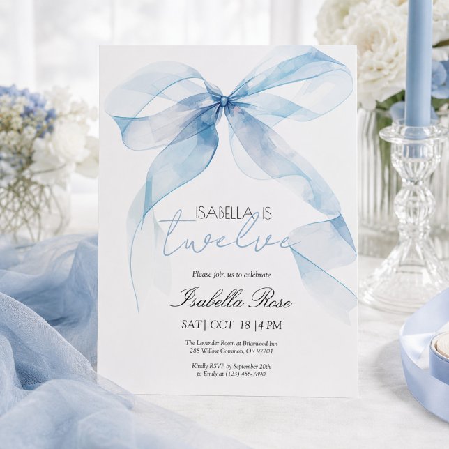 Blue Watercolor Bow Birthday Einladung (Von Creator hochgeladen)