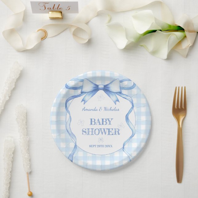 Blue Watercolor Bow Gingham Baby Boy Dusche Pappteller (Hochzeit)