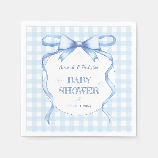 Blue Watercolor Bow Gingham Baby Boy Dusche Serviette (Vorderseite)
