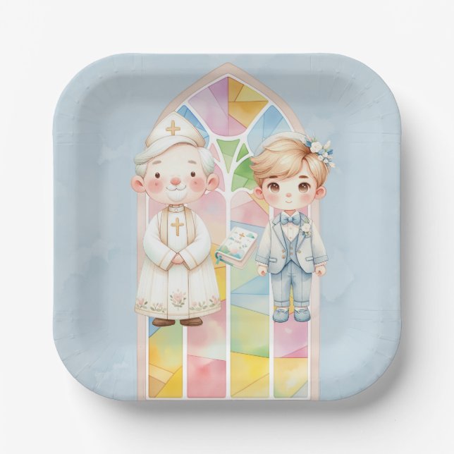 Blue Watercolor Boy 1st. Kommune Pappteller (Vorderseite)