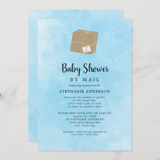 Blue Watercolor Boy Baby Dusche per Post Einladung (Vorne/Hinten)