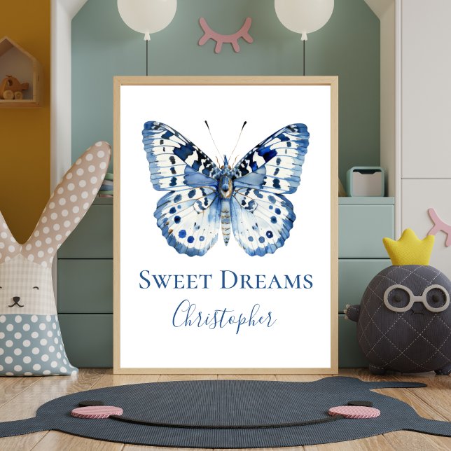 Blue Watercolor Butterfly Kinderzimmer Wand an Wan Poster (Personalized Blue White Butterfly Nursery Wall Art Print Poster. )