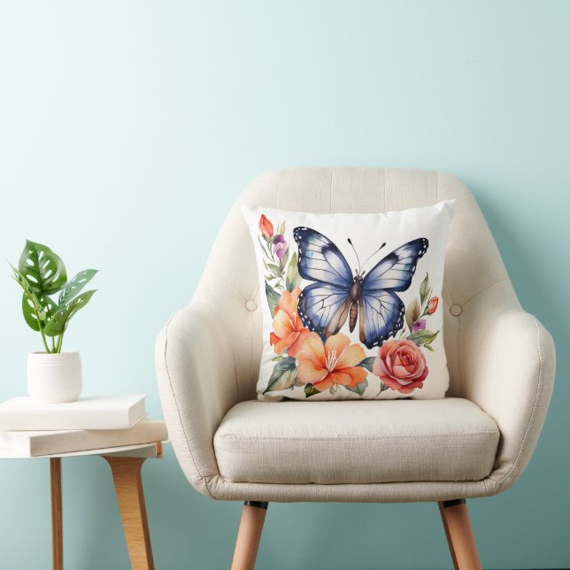 Blue Watercolor Butterfly Peach Red Bright Florals Kissen (Stuhl )