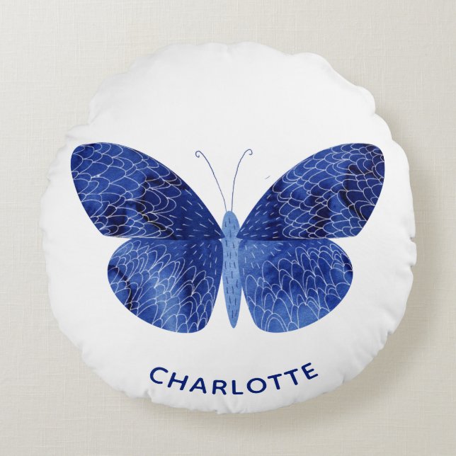 Blue Watercolor Butterfly Personalisiert Rundes Kissen (Vorderseite)