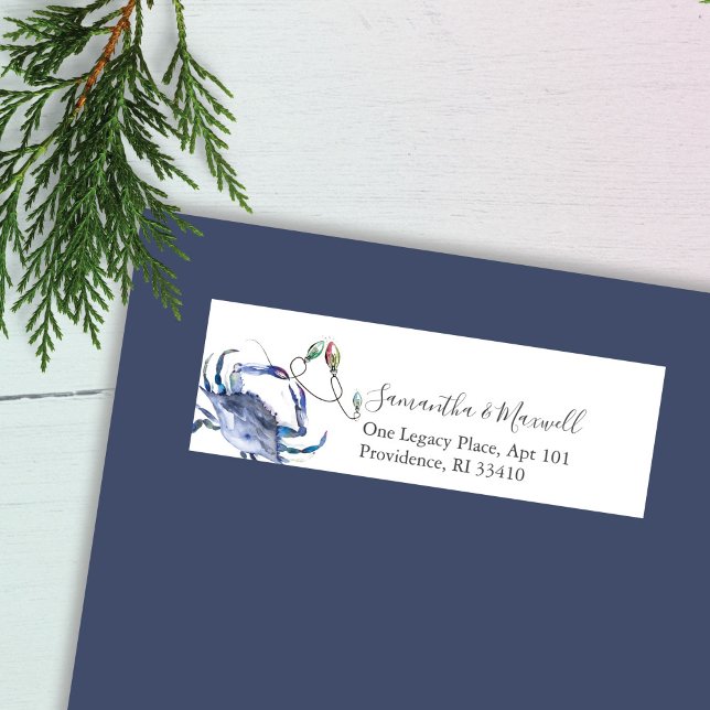 Blue Watercolor Christmas Crab Address Labels (beach Christmas return address label with watercolor blue crab & holiday lights Victoria Grigaliunas)