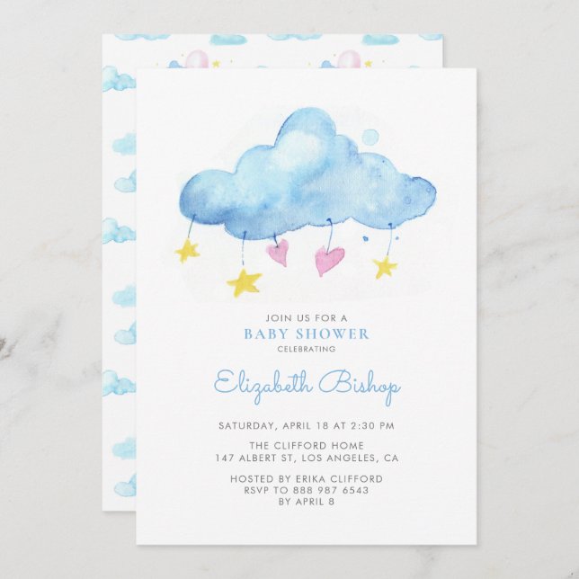 Blue Watercolor Cloud Gender Neutral Baby Dusche Einladung (Vorne/Hinten)