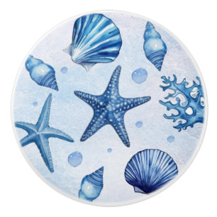 Blue Watercolor Coastal Beach Starfish Seashells Keramikknauf