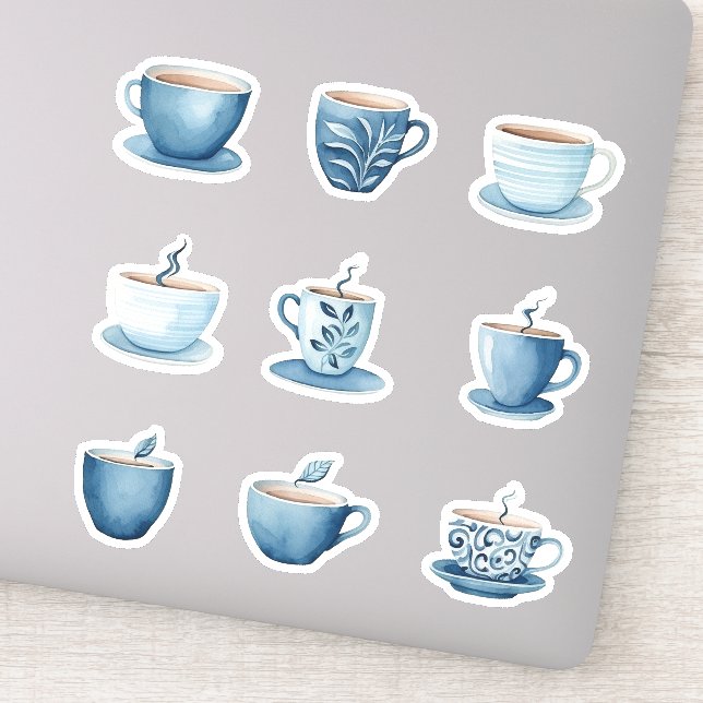 Blue Watercolor Coffee Cups 3 Aufkleber (Detail)