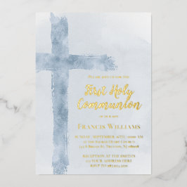 blue watercolor cross First Holy Communion Folieneinladung
