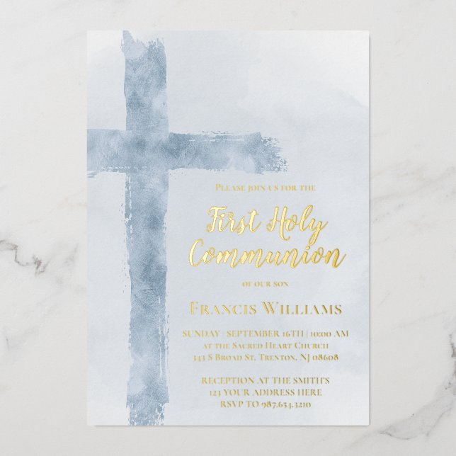 blue watercolor cross First Holy Communion Folieneinladung (Vorderseite)