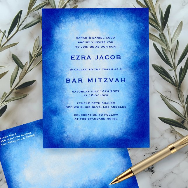 Blue Watercolor Custom  Bar Bat Mitzvah Postkarte (Blue Watercolor Custom Bar Bat Mitzvah Invitation Postcard
)