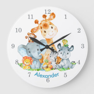 Blue Watercolor Cute Safari Jungle Animals Große Wanduhr